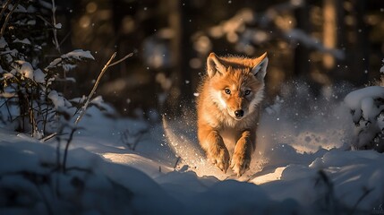 red fox pup running in snowy forest at sunset.