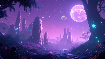 Wall Mural - Ethereal Landscape with Purple Sky and Celestial Bodies at Night