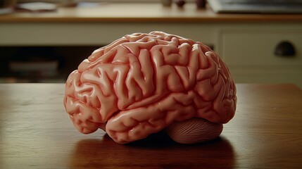 Poster - A close-up of a human brain model on a wooden desk, illuminated by soft natural light, highlighting the intricate folds and details of its surface