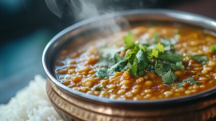 Wall Mural - A close-up of a steaming bowl of spicy lentil dal, garnished with fresh cilantro and served with rice, showcasing the rich colors and textures of Indian cuisine.