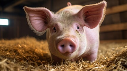 Wall Mural - Close-Up Portrait of a Curious Piglet in a Barn