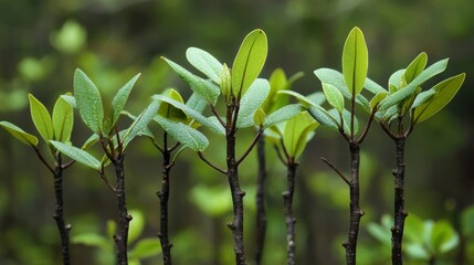 Poster - A close-up of mangrove leaves with water droplets, capturing the details of their texture and color against the backdrop of the forest
