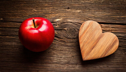 Placing a red apple next to a wooden heart shape on old grunge wood rustic still life photography vintage aesthetic natural setting close-up perspective symbolizing love and nature