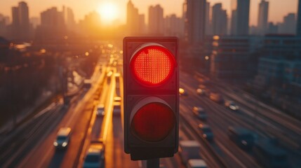 Poster - A close-up shot of a traffic light displaying a vibrant red signal against a blurred city backdrop, highlighting its importance in traffic management