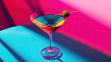 Wall Mural - A high-contrast martini close-up with an olive skewer, against a futuristic electric blue and magenta background.
