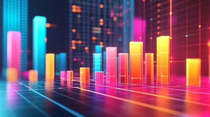Fototapete - A colorful D bar graph rising on a grid background, with glowing bars representing data growth, and labels indicating different statistics.