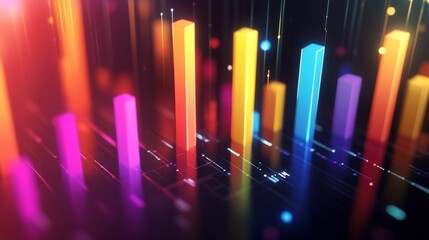 Fototapete - A colorful bar graph with D effects and gradient colors, displayed on a dark background, with subtle light reflections adding depth and clarity