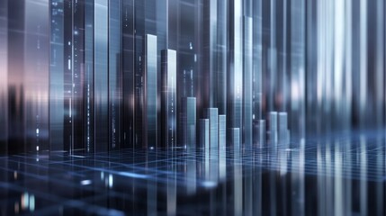 Aufkleber - A corporate-style D bar chart with silver and blue bars, set on a reflective surface with floating data labels and a digital grid background.