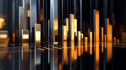 Poster - A corporate bar graph with silver and gold bars, representing financial performance, set against a dark background with subtle reflections and floating labels.