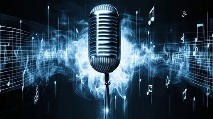 Poster - A creative representation of a microphone surrounded by sound waves and musical notes, visually illustrating the art of sound and music creation