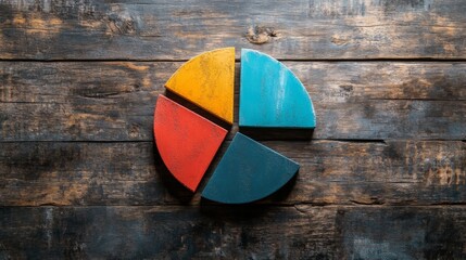 Poster - A creative pie chart with textured segments showing sales data, each slice representing a different product line, set against a rustic wooden table background.