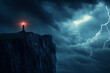 © ivlianna - Glowing rescue light atop a cliff edge shines through dark storm clouds during a thunderstorm night