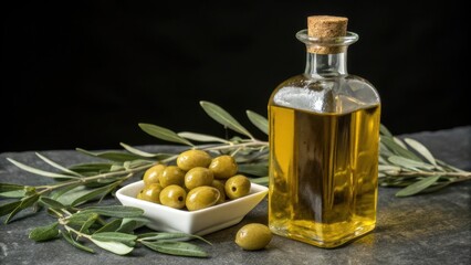 Wall Mural - A glass bottle of olive oil sits beside a plate of green olives and olive branches, creating a rustic and appetizing presentation.