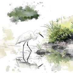 Wall Mural - Serene Little Egret in Watercolor Landscape.