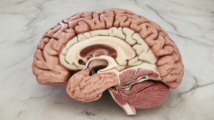 Poster - A detailed D rendering of a human brain with highlighted areas showing different functions, placed on a sleek, modern surface with soft lighting