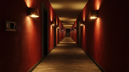 Wall Mural - A minimalist hotel corridor dimly lit by stylish wall sconces.