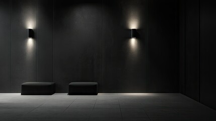 Wall Mural - A minimalist hotel corridor dimly lit by stylish wall sconces.