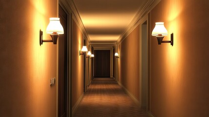 Wall Mural - A minimalist hotel corridor dimly lit by stylish wall sconces.