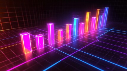 Poster - A dynamic D bar graph with glowing neon bars, showing data comparison in a high-tech setting with grid lines and axis markers.