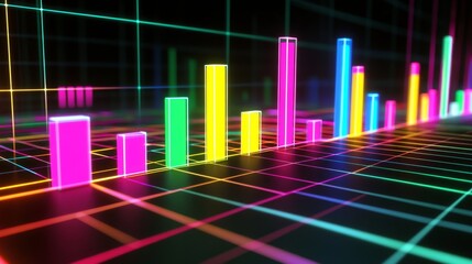 Poster - A dynamic D bar graph with glowing neon bars, showing data comparison in a high-tech setting with grid lines and axis markers.