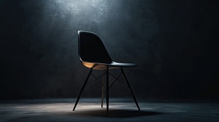 Wall Mural - A modern designer chair stands alone in a dark photography studio, dramatic lighting from one side.