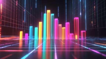 Aufkleber - A dynamic D bar graph with multicolored bars arranged in a rising trend, displayed on a digital grid background with glowing highlights