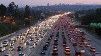 Poster - A dynamic aerial view of a busy expressway during rush hour, showcasing streams of headlights and taillights as vehicles move in both directions, illustrating the hustle of urban life.