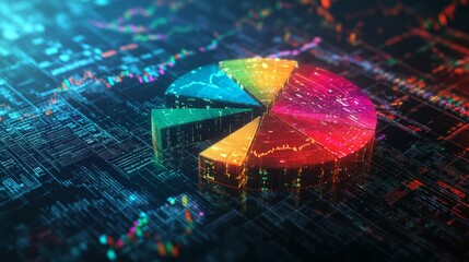 Leinwandbilder - A dynamic financial pie chart with segmented slices, showing investment portfolio allocation, overlaid on a digital background filled with stock market trends.