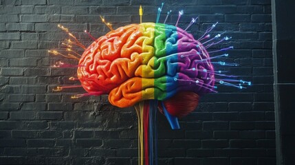 Leinwandbilder - A dynamic image of a brain connected to colorful wires, representing the flow of information and technology, set against a dark, tech-inspired background