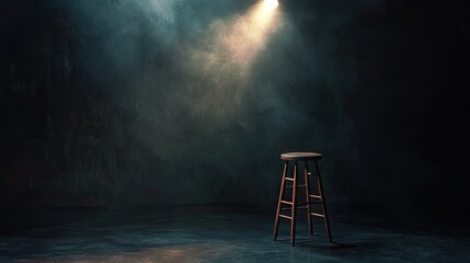 Wall Mural - A photography studio in darkness, a single spotlight highlighting an empty stool.