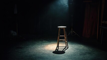 Wall Mural - A photography studio in darkness, a single spotlight highlighting an empty stool.