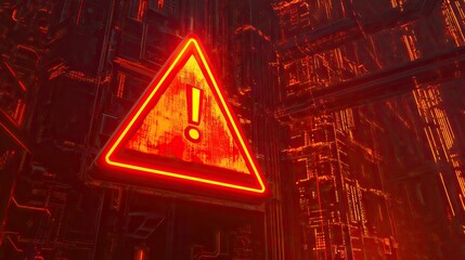 Canvas Print - A red triangular warning sign with an exclamation mark over a futuristic network grid.