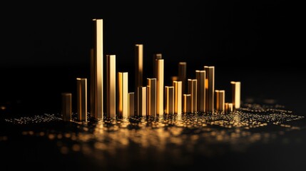 Wall Mural - A financial chart displaying gold price fluctuations with golden bars and a black background, casting elegant shadows and reflections