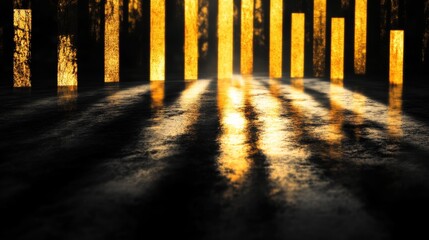 Fototapete - A financial chart displaying gold price fluctuations with golden bars and a black background, casting elegant shadows and reflections