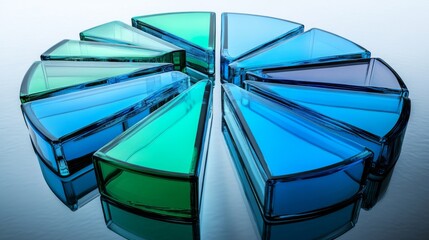 Leinwandbilder - A financial pie chart with transparent D slices in blue and green hues, displayed on a light background, with each slice slightly separated for emphasis
