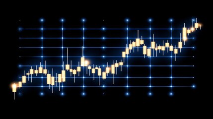 Poster - A financial stock market graph with fluctuating lines and bar indicators, set against a deep blue background with glowing data points and gridlines