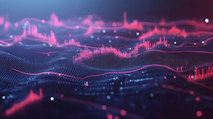 Aufkleber - A financial stock market graph with fluctuating lines and bar indicators, set against a deep blue background with glowing data points and gridlines