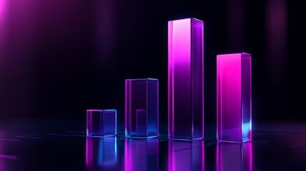 Aufkleber - A futuristic D bar graph with glowing neon bars in purple and blue tones, positioned on a reflective dark background with subtle light reflections