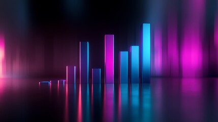 Aufkleber - A futuristic D bar graph with glowing neon bars in purple and blue tones, positioned on a reflective dark background with subtle light reflections