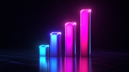 Aufkleber - A futuristic D bar graph with glowing neon bars in purple and blue tones, positioned on a reflective dark background with subtle light reflections