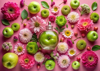 Wall Mural - Aerial View: Pink Background with Assorted Flowers, Green Apples & Perfume Bottle