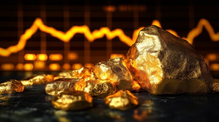 Aufkleber - A gold price line graph with a golden upward trend line, set against a dark background with glowing highlights and grid lines for a high-value look