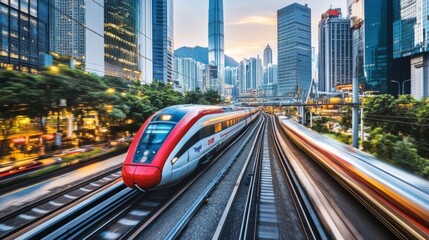 Fototapete - A high-speed train passing through a vibrant urban area, with modern skyscrapers and busy streets in the background, highlighting city life and innovation