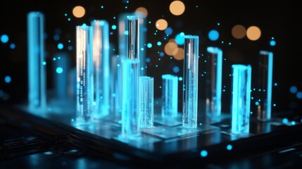 Poster - A high-tech D bar graph with glowing blue bars and digital numbers floating around them, symbolizing complex financial data and analysis.