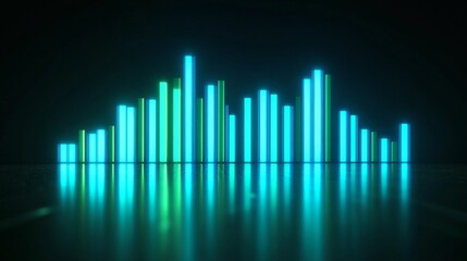 Aufkleber - A high-tech D bar graph with glowing neon bars in shades of blue and green, on a reflective surface, creating a modern, futuristic data look