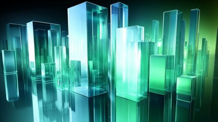 Aufkleber - A high-tech D bar graph with glowing neon bars in shades of blue and green, on a reflective surface, creating a modern, futuristic data look