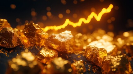 Fototapete - A minimalistic line chart in golden hues on a dark background, with a steady upward trend symbolizing increasing gold prices and value