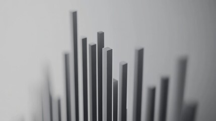 Poster - A minimalist D bar graph with metallic bars in gray tones, set on a white reflective surface with clean lines and soft shadows for a professional style