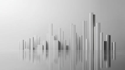 Poster - A minimalist D bar graph with metallic bars in gray tones, set on a white reflective surface with clean lines and soft shadows for a professional style
