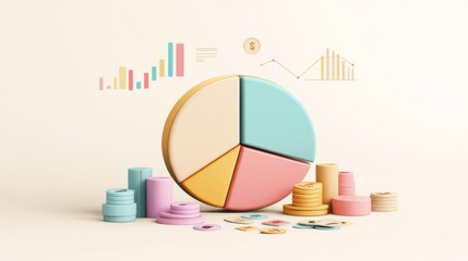 Leinwandbilder - A minimalist financial pie chart with pastel-colored slices, displaying income distribution, with financial icons and subtle shadows on a light background.